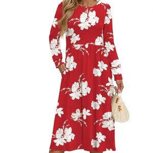 Women’s Long Sleeve Midi Casual Floral Flowy Dress with Pockets Medium